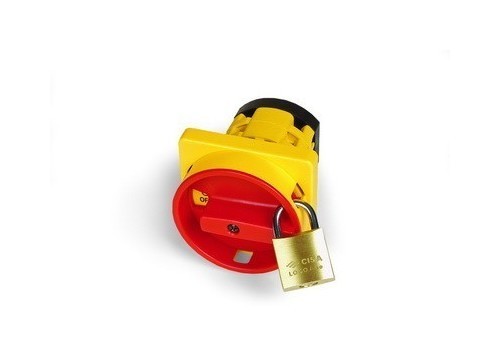 DKC / ДКС Желтая площадка 67х67 - красная ручка с д.22мм с замком для серии АМ