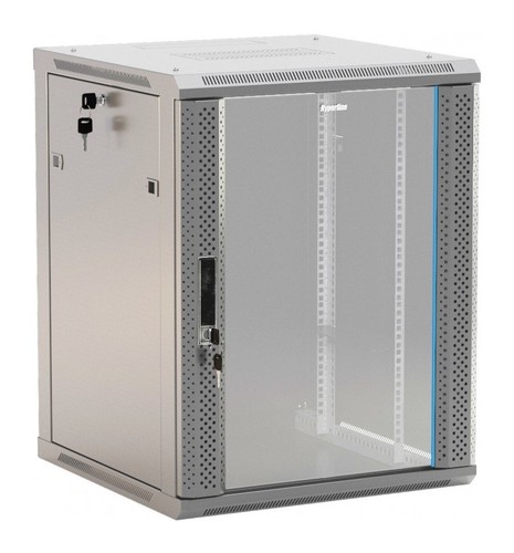 Hyperline Шкаф настенный 19-дюймовый (19"), 12U, 650x600х600мм, стеклянная дверь с перфорацией по бокам, ручка с замком, цвет серый (RAL 7035) (разобранный)