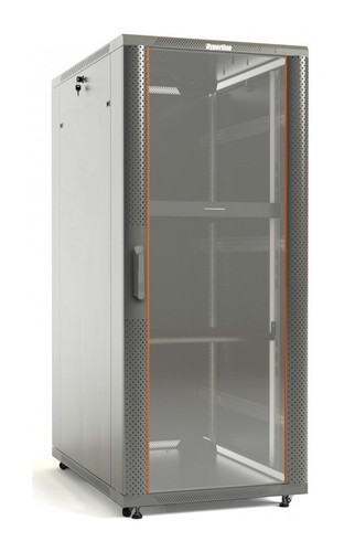 Hyperline Шкаф напольный 19-дюймовый, 42U, 2055x800х600 мм (ВхШхГ), передняя стеклянная дверь со стальными перфорированными боковинами, задняя дверь сплошная, ручка с замком, крыша нового типа, цвет серый (RAL 7035) (разобранный)