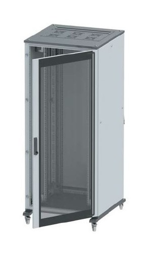 DKC / ДКС Напольный шкаф 38U 1800х600х600мм (ВхШхГ), передняя дверь стекло, задняя глухая дверь, крыша укомплектована вводом и заглушками, серый