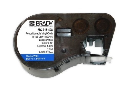 BRADY MC-318-498 лента 8.08мм/4.88м. Перемещаемый винил белый, печать черным, в картридже 4.88м (BMP41/51/53)