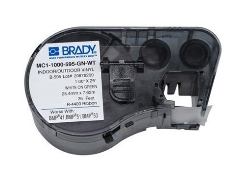 BRADY MC1-1000-595-GN-WT лента 25.4мм/7.62м, универсальный винил, белый на зеленом, в картридже 7.62м (BMP41/51/53)