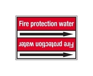 BRADY Стрелка для маркировки трубопровода, легенда "Fire Protection Water", белый на красном, 52*402мм, для трубы диаметром 83-115мм, высота букв 25 мм, 2 стрелки на листе, B-7529(ламинированный полиэстер)"