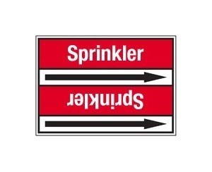 BRADY Стрелка для маркировки трубопровода, легенда "Sprinklers", белый на красном, 52*402мм, для трубы диаметром 83-115мм, высота букв 25 мм, 2 стрелки на листе, B-7529(ламинированный полиэстер)