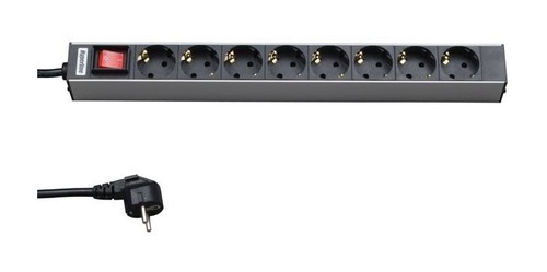 Hyperline Блок розеток для 19" шкафов, горизонтальный, с выключателем с подсветкой, 8 розеток Schuko (16A), кабель питания 2.5 м с вилкой Schuko, 482.6 мм x 44.4 мм x 44.4 мм (ДхШхВ)