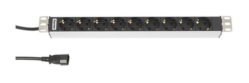 Hyperline Блок розеток для 19" шкафов, горизонтальный, 9 розеток Schuko (10A), 230 В, кабель питания 1.5мм2, длина 2.5 м, с вилкой EC 320 C14, 482.6 мм x 44.4 мм x 44.4 мм (ДхШхВ)