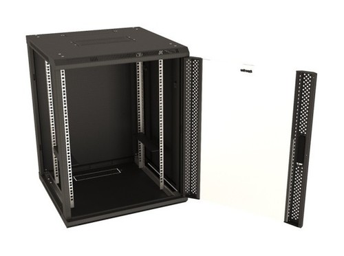 Hyperline Шкаф настенный 19-дюймовый (19"), 12U, 662x600х600мм, стеклянная дверь с перфорацией по бокам, ручка с замком, с возможностью установки на ножки (в комплекте), цвет черный (RAL 9004) (разобранный)