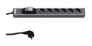 Hyperline Блок розеток для 19" шкафов, горизонтальный, с автоматическим выключателем, 6 розеток Schuko (16A), кабель питания 2.5 м с вилкой Schuko, 482.6 мм x 44.4 мм x 44.4 мм (ДхШхВ)