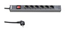 Hyperline Блок розеток для 19" шкафов, горизонтальный, с выключателем с подсветкой, 6 розеток Schuko (16A), кабель питания 2.5 м с вилкой Schuko, 482.6 мм x 44.4 мм x 44.4 мм (ДхШхВ)